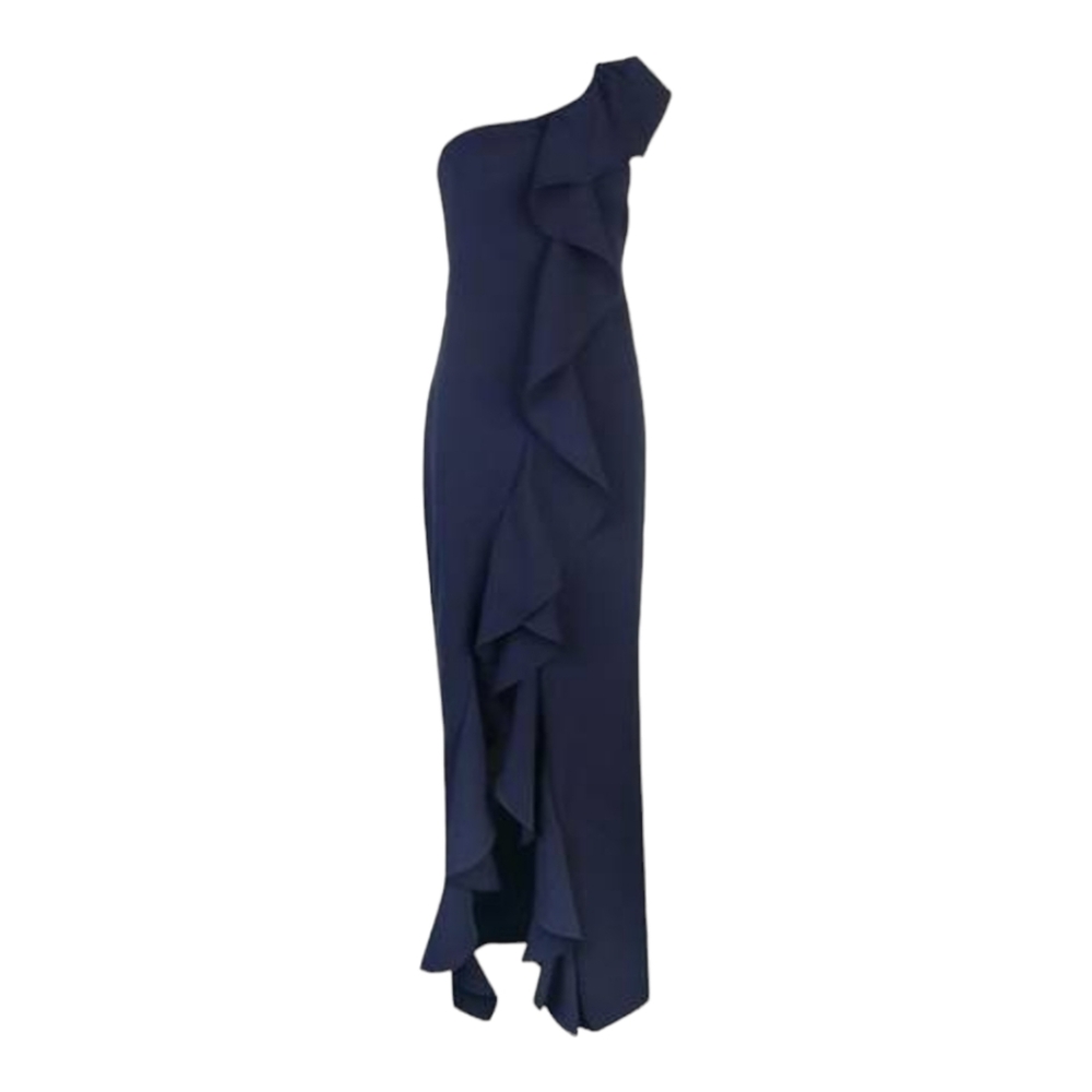Eliza J Women's Dress Size 10 One Shoulder Ruffle Navy Maxi Gown Side - Picture 2 of 15